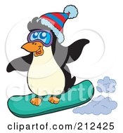 Royalty Free RF Clipart Illustration Of A Cute Penguin Snowboarding