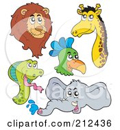 Royalty Free RF Clipart Illustration Of A Digital Collage Of A Lion Parrot Snake Giraffe And Elephant
