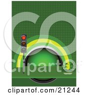 Poster, Art Print Of Red Traffic Light In Front Of A Green And Yellow Rainbow Splashing Into Oil Over A Green Background