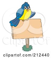 Royalty Free RF Clipart Illustration Of A Blue And Yellow Bird Sitting On A Blank Wood Sign