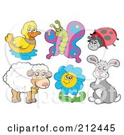 Royalty Free RF Clipart Illustration Of A Digital Collage Of A Duck Butterfly Ladybug Sheep Flower And Rabbit