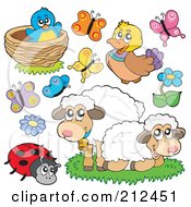 Royalty-Free (RF) Clipart Illustration of a Digital Collage Of A Bird In Nest, Butterflies, Duck, Sheep, Ladybug And Flowers by visekart #COLLC212451-0161