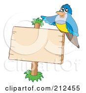 Royalty Free RF Clipart Illustration Of A Blue And Yellow Bird Sitting On A Wooden Sign