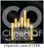 Clipart Illustration Of Two Loud Stereo Speakers Blaring Music On A Black Background With Orange Equalizer Or Volume Lines