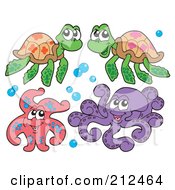 Royalty Free RF Clipart Illustration Of A Digital Collage Of Two Sea Turtles Starfish And Octopus by visekart