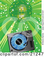 Clipart Illustration Of A Blue Vinyl Record Playing In A Record Player Over A Green Background Under A Shiny Disco Ball At A Party
