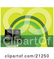 Clipart Illustration Of Two Stereo Speakers In A Puddle Over A Green And Yellow Rainbow Background