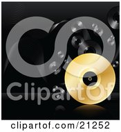 Poster, Art Print Of Golden Vinyl Record Rolling On A Reflective Surface Over A Black Background With Black Records