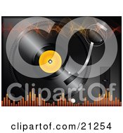 Clipart Illustration Of Orange Sound Waves And Equalizer Volume Lines Over A Background Of A Vinyl Record Playing by elaineitalia