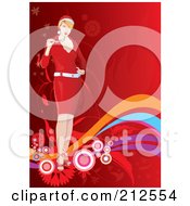 Poster, Art Print Of Christmas Woman Chewing On Her Glasses Over Waves And Foliage On Red