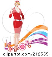 Stylish Christmas Woman Chewing On Her Glasses Over Colorful Waves And Bubbles