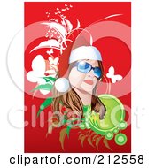 Christmas Woman Wearing Shades And A Santa Hat Over Red With Foliage And Butterflies