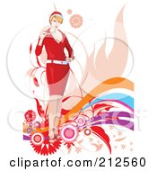 Royalty Free RF Clipart Illustration Of A Christmas Woman Chewing On Her Glasses Over Waves And Foliage