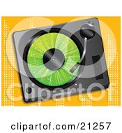 Poster, Art Print Of Green Record Playing In A Record Player Over An Orange Background