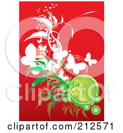 Poster, Art Print Of Background Of Butterflies Bubbles And Foliage On Red