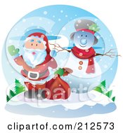 Poster, Art Print Of Royalty-Free Rf Clipart Illustration Of Santa Waving By A Snowman On A Hill