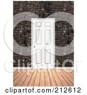 Poster, Art Print Of Background Of A Wood Floor And Door In A Brick Wall