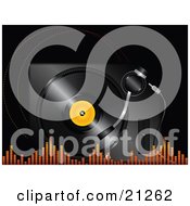 Clipart Illustration Of A Black Vinyl Record With An Orange Center Spinning In A Player With Orange Equalizer Lines Along The Bottom by elaineitalia