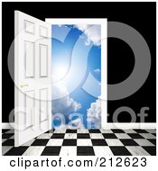 Poster, Art Print Of Checkered Floor And An Open Door Leading To Heaven Against A Black Wall