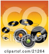 Poster, Art Print Of Cable Curving Around Music Speakers And Vinyl Records Over An Orange Background