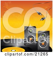 Poster, Art Print Of Cables Over Two Radio Speakers On A Large Vinyl Record On An Orange Background