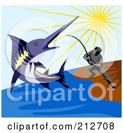 Royalty Free RF Clipart Illustration Of A Fisherman Reeling In A Blue Marlin