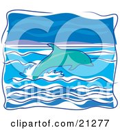 Clipart Illustration Of A Swimming Dolphin Leaping Out Of Wavy Ocean Waters by Maria Bell