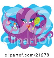 Poster, Art Print Of Feminine Purple Octopus Applying Lipstick And Holding Cosmetics In Her Tentacles
