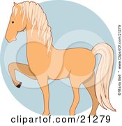 Prancing Palomino Horse In Profile Over A Blue Circle