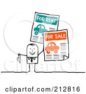 Poster, Art Print Of Stick Business Man With Car For Sale And For Rent Signs