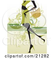 Poster, Art Print Of Shopping Woman In Green Carrying A Purse On Her Arm And Walking In Heels Over A Green Scrolled Background
