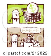 Royalty Free RF Clipart Illustration Of A Digital Collage Of A Stick Man And Woman Shopping by NL shop
