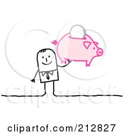Poster, Art Print Of Stick Businessman Holding Up A Piggy Bank