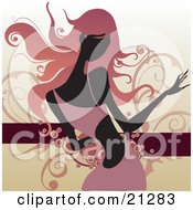Clipart Illustration Of A Happy Woman With Long Pink Hair Wearing A Fashionable Pink Dress And Dancing Against A Scrolled Background by OnFocusMedia