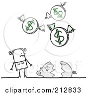 Royalty Free RF Clipart Illustration Of A Stick Woman Watching Her Savings Fly Away Over A Broken Bank by NL shop