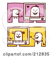 Royalty Free RF Clipart Illustration Of A Digital Collage Of A Stick Couple Meeting Online