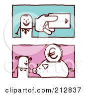 Royalty Free RF Clipart Illustration Of A Digital Collage Of A Stick Man And Woman With A Credit Card And Piggy Bank by NL shop