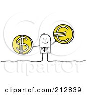 Poster, Art Print Of Stick Businessman Holding Euro And Dollar Coins