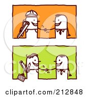 Royalty Free RF Clipart Illustration Of A Digital Collage Of Stick Business Men Shaking On Deals by NL shop