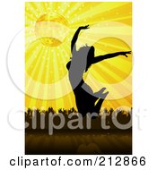 Royalty Free RF Clipart Illustration Of A Background Of A Silhouetted Woman Jumping Over A Crowd Under A Disco Ball by dero