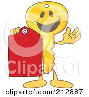 Golden Key Mascot Character Holding A Blank Red Tag