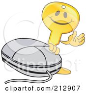Royalty Free RF Clipart Illustration Of A Golden Key Mascot Character Waving By A Computer Mouse by Mascot Junction