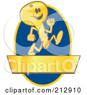 Royalty Free RF Clipart Illustration Of A Running Golden Key Mascot Character Logo Over A Blue Oval And Gold Banner