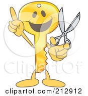Golden Key Mascot Character Holding Scissors by Mascot Junction