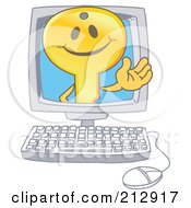 Royalty Free RF Clipart Illustration Of A Golden Key Mascot Character Waving In A Computer Screen