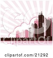 Clipart Illustration Of A Tall City Skyscraper Buildings Under Clouds In A Striped Pink Sky by OnFocusMedia
