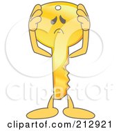 Royalty Free RF Clipart Illustration Of A Golden Key Mascot Character Holding His Head by Mascot Junction