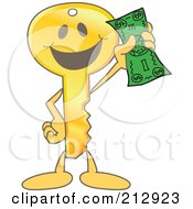 Golden Key Mascot Character Holding Up A Dollar Bill