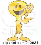 Golden Key Mascot Character Waving And Pointing