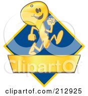Royalty Free RF Clipart Illustration Of A Running Golden Key Mascot Character Logo Over A Blue Diamond And Gold Banner by Mascot Junction